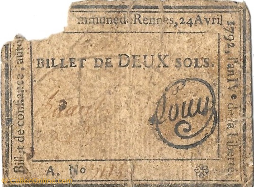 Assignat - Billet de confiance de Deux Sols par la Commune de Rennes billets europe france assignat billet de confiance de deux sols par la commune de rennes