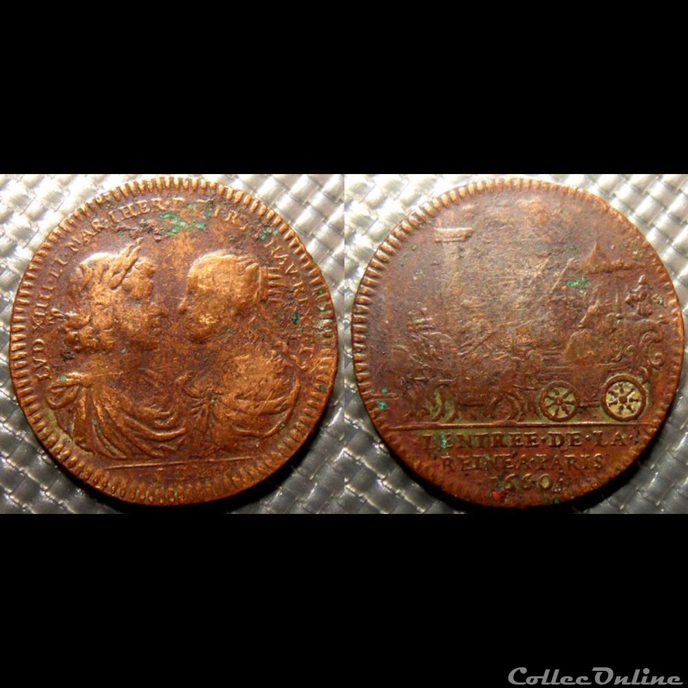 m- Jeton Roy Louis XIV & Marie Thérèse d'Autriche monnaie mereaux m jeton roy louis xiv marie therese autriche