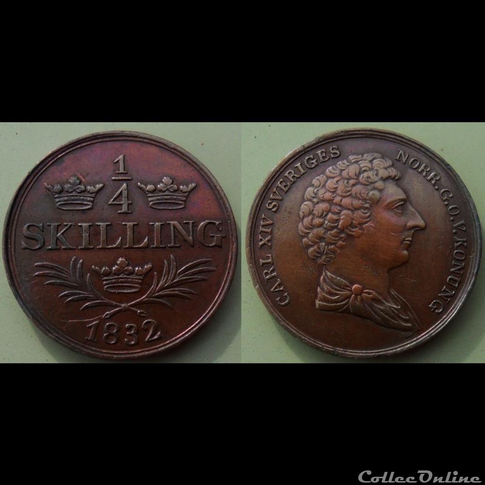 Suède 1/4 Skilling 1832 monnaie monde suede 1 4 skilling 1832