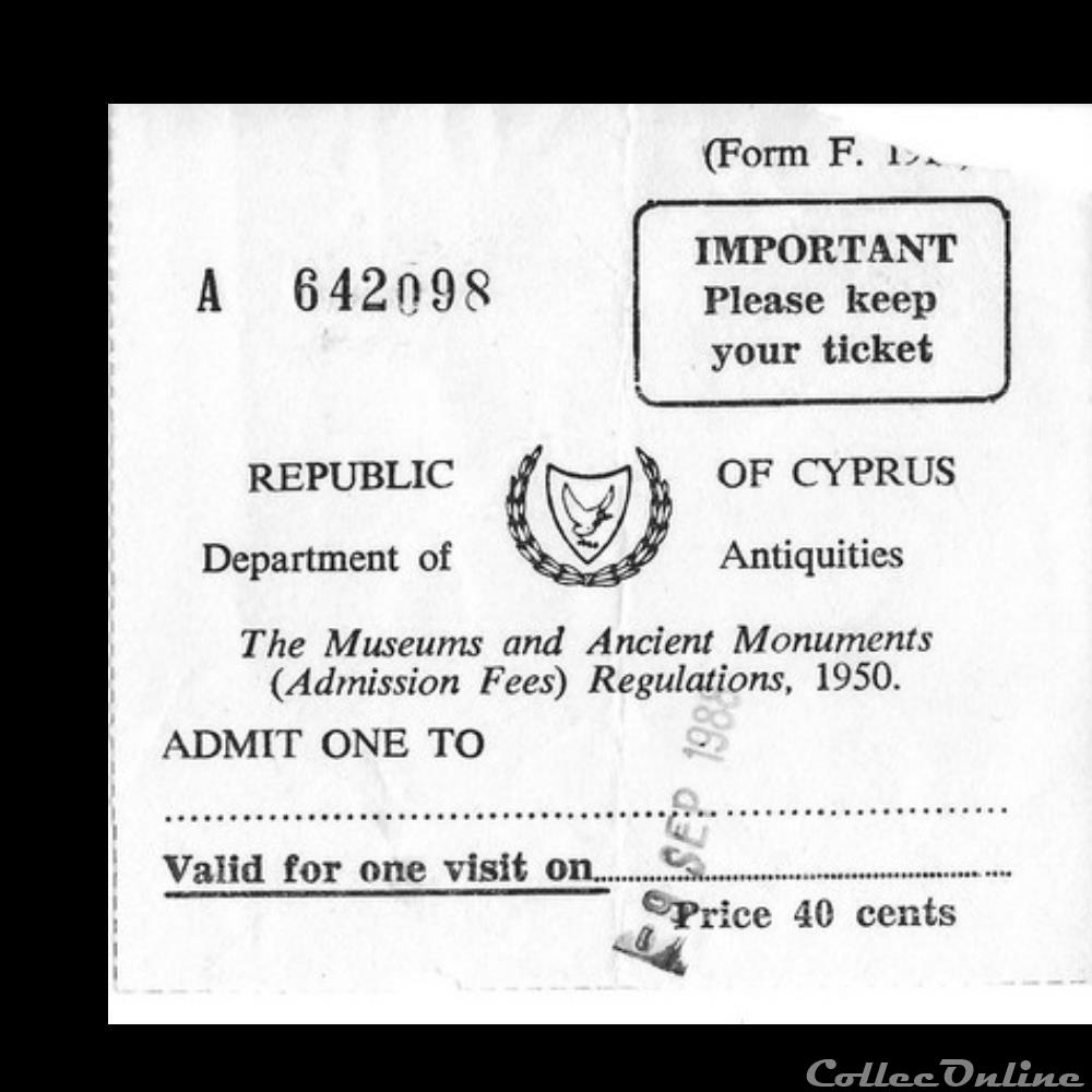 Chypre Museums And Ancient Monuments vieux papier ticket entree chypre museums and ancient monuments