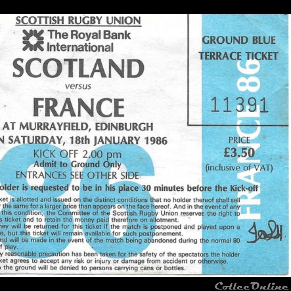 Rugby Ecosse France 1986 vieux papier ticket d entree assignat rugby ecosse france 1986