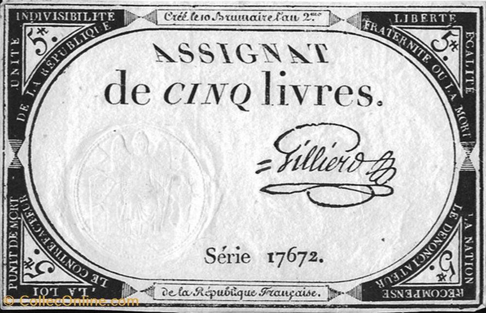 Assignat de cinq livres Gilliero billets europe france assignat de cinq livres gilliero