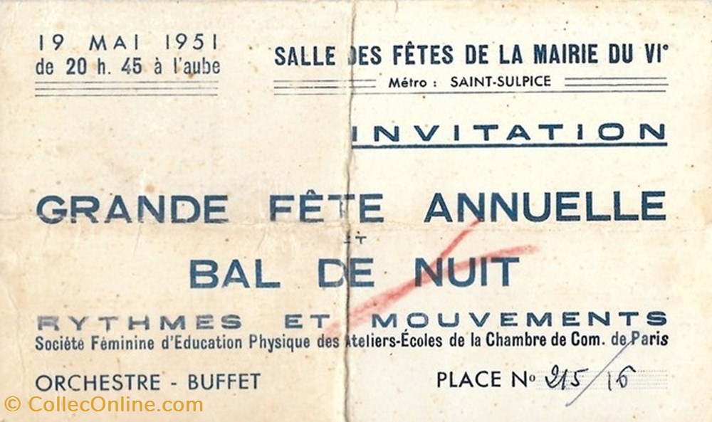 Paris - Grande Fête Annuelle et Bal de Nuit - Invitation - 19 Mai 1951 documents anciens tickets entree paris grande fete annuelle et bal de nuit invitation 19 mai 1951