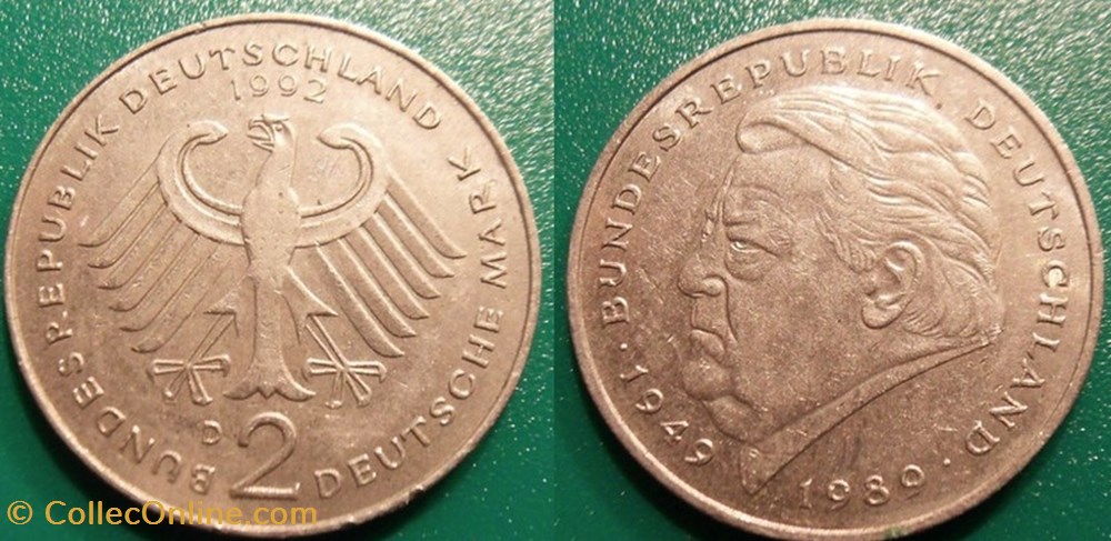 2 Deutsche Mark 1992 Josef Strauss monnaie monde allemagne 2 deutsche mark 1992 josef strauss
