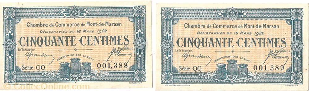 G11 50C. Chambre de Commerce de Mont de Marsan Délibération du 16 Mars 1922 billets europe france g11 50c chambre de commerce de mont de marsan deliberation du 16 mars 1922
