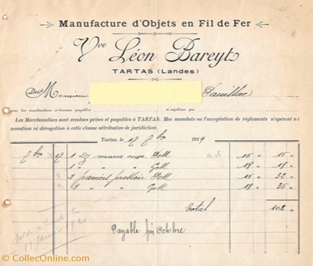 Vieux papiers: Tartas - Manufacture d'Objets en Fil de Fer 1919 divers vieux papiers tartas manufacture objets en fil de fer 1919