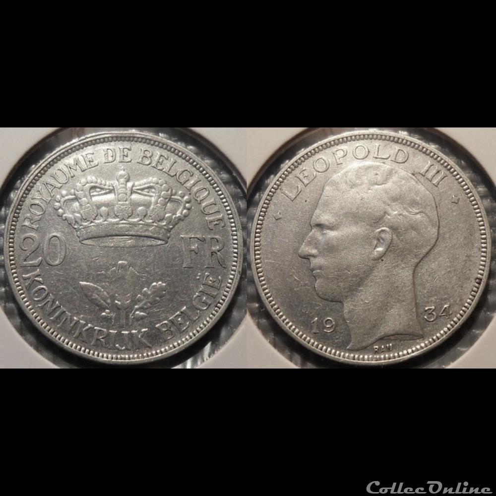 monnaie france moderne belgique 20 franc 1934 royaume de belgique