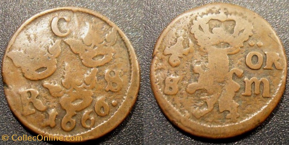 Suède 1/6 Öre 1666 Carl XI monnaies monde suede 1 6 ore 1666 carl xi