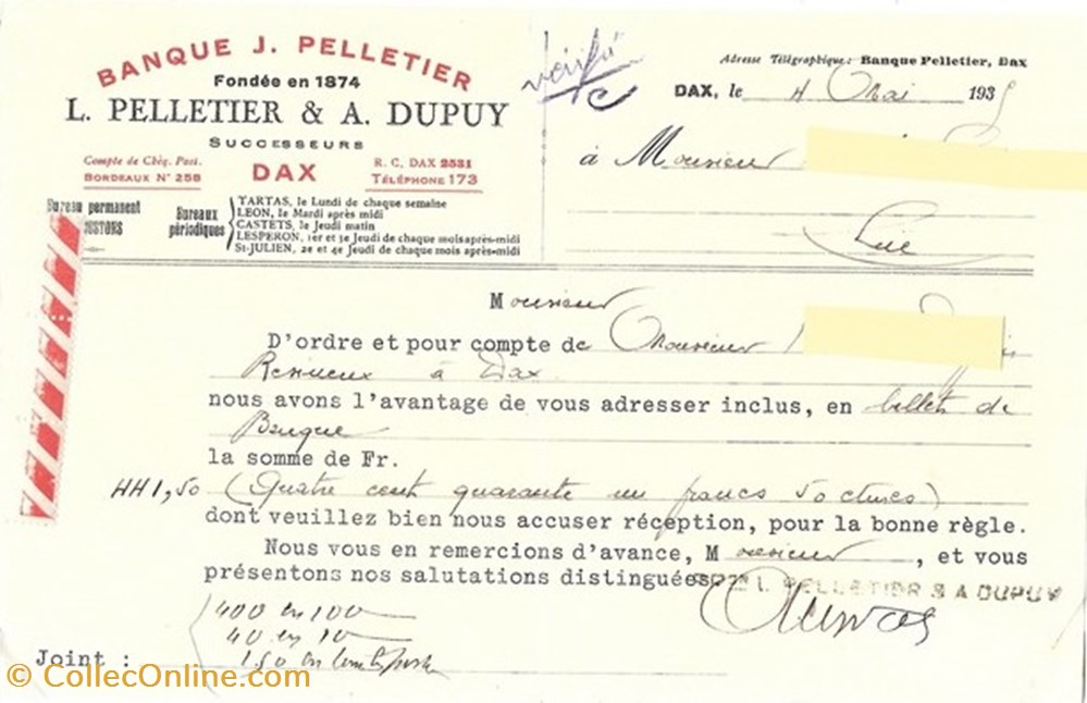 Vieux papiers: Dax - Banque J. PELLETIER divers vieux papiers dax banque j pelletier
