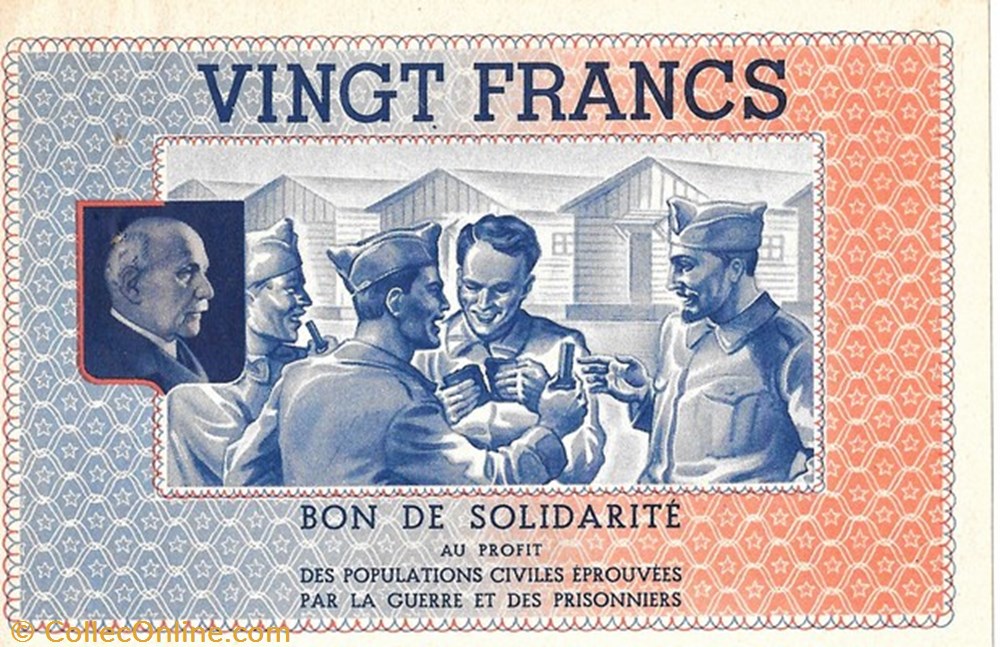 a0- Bon de solidarité VINGT FRANCS Pétain monnaie jeton mereaux a0 bon de solidarite vingt francs petain
