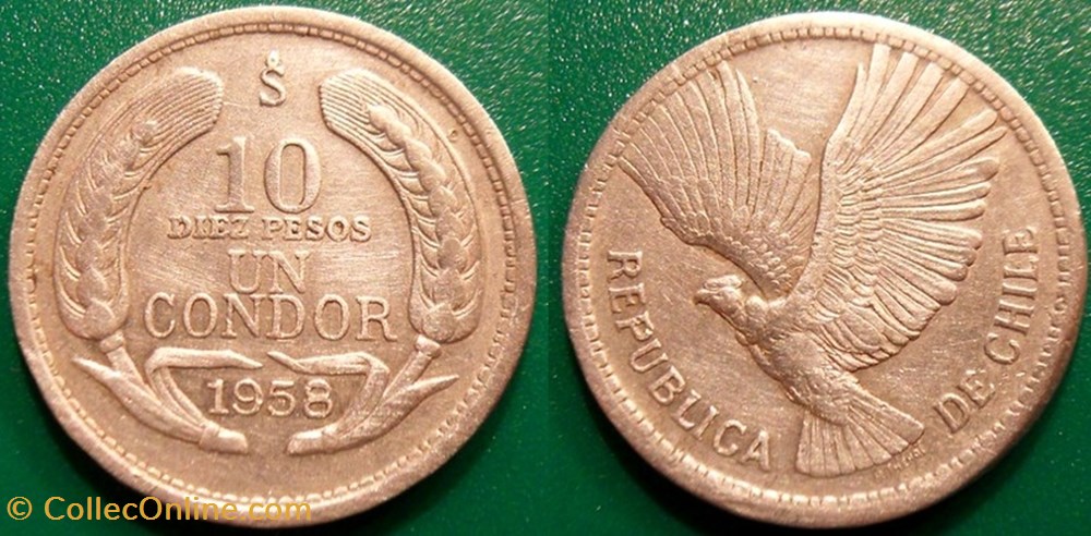 monnaie monde chili 10 pesos ou 1 condor 1958