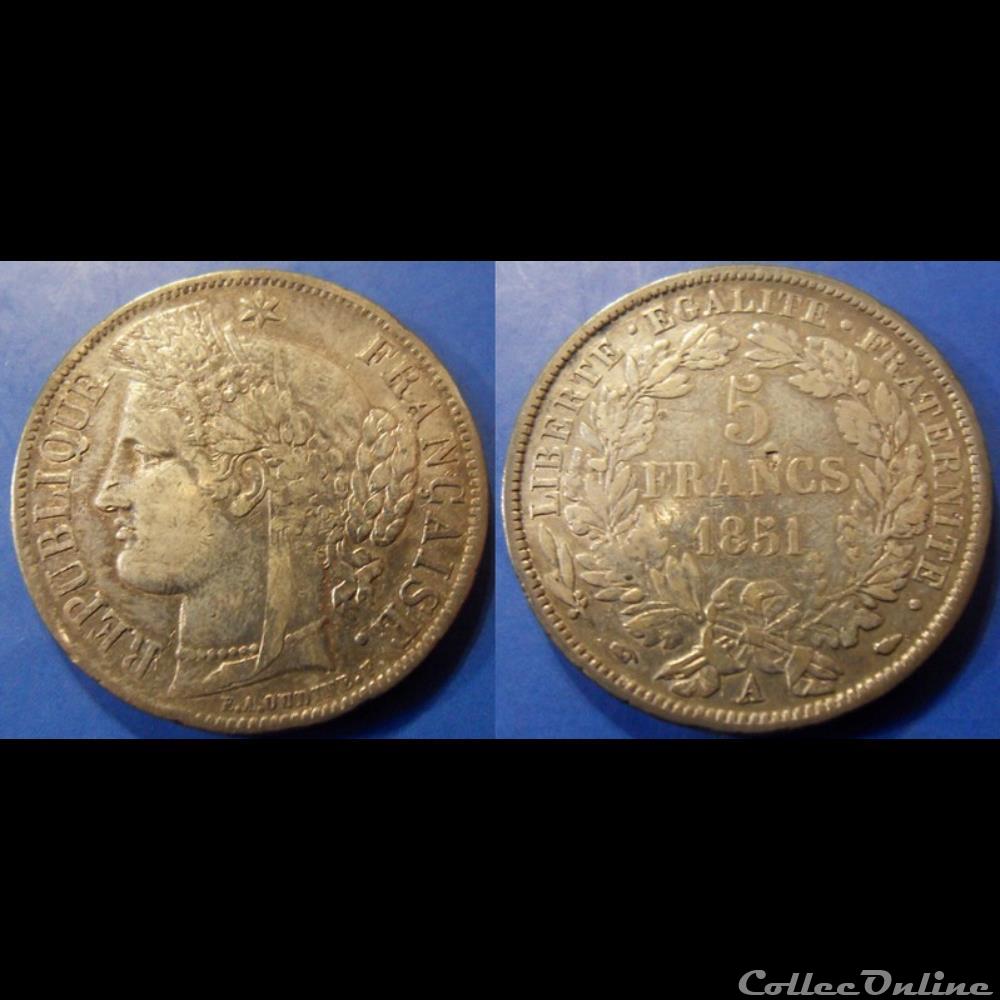 H-Deuxième République 5 Francs Céres 1851 A monnaie france moderne h deuxieme republique 5 francs ceres 1851 a
