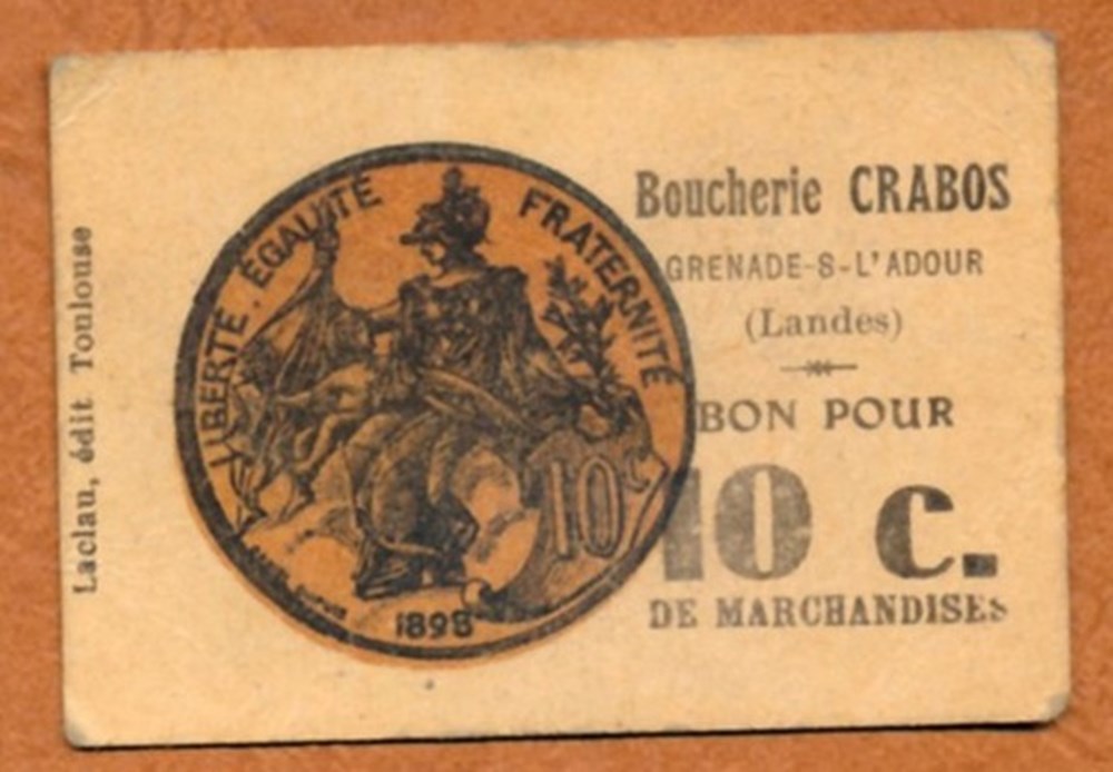 Grenade sur Adour - Boucherie Crabos - Bon pour 10c 1898 billets europe france grenade sur adour boucherie crabos bon pour 10c 1898
