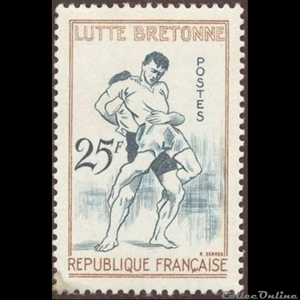 1958 Jeu de boules, joutes nautiques, tir à l'arc, lutte bretonne 2 timbre france assignat 1958 jeu de boules joutes nautiques tir a arc lutte bretonne
