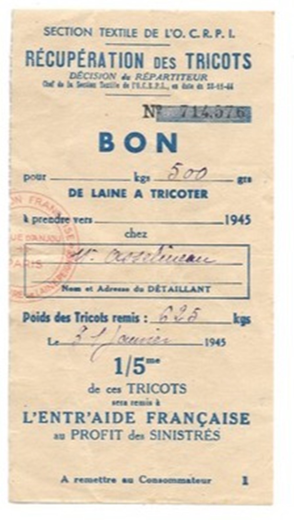 Section Textile de L'O.C.R.P.I. Récupération des Tricots documents anciens affiches section textile de o c r p i recuperation des tricots
