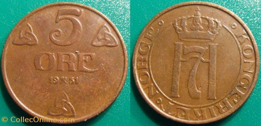 5 Ore 1951 monnaie monde norvege 5 ore 1951
