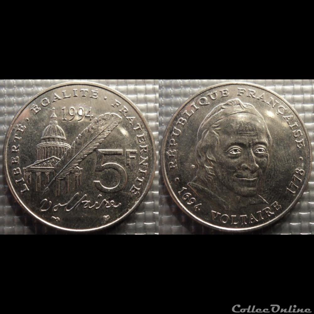Kj 5 francs Voltaire 1994 29mm 10g monnaie france moderne kj 5 francs voltaire 1994 29mm 10g