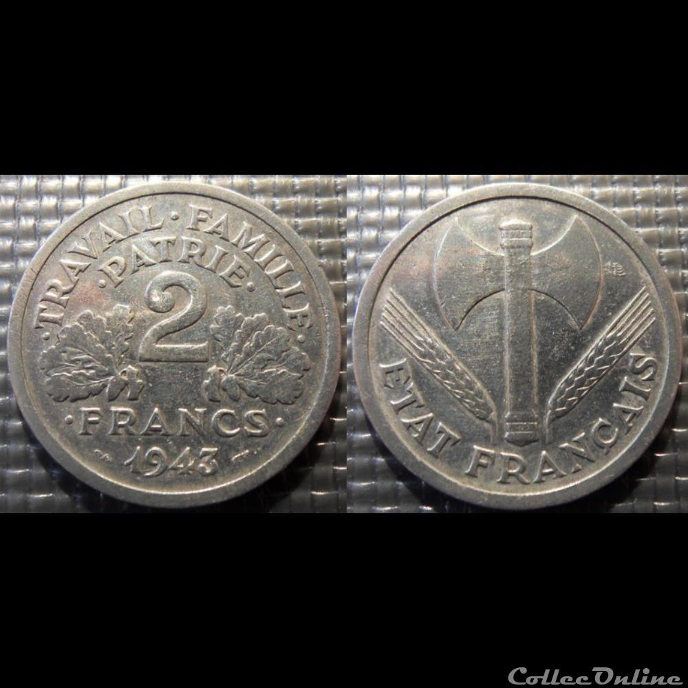 Jd 2 francs Bazor 1943 27mm 2.2g monnaie france moderne jd 2 francs bazor 1943 27mm 2 2g