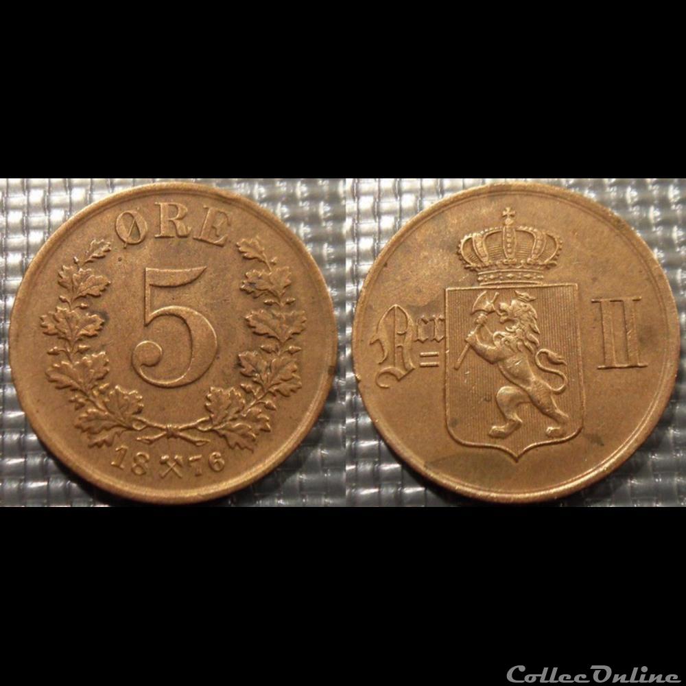 Norvège 5 Ore 1876 monnaie monde romaine norvege 5 ore 1876