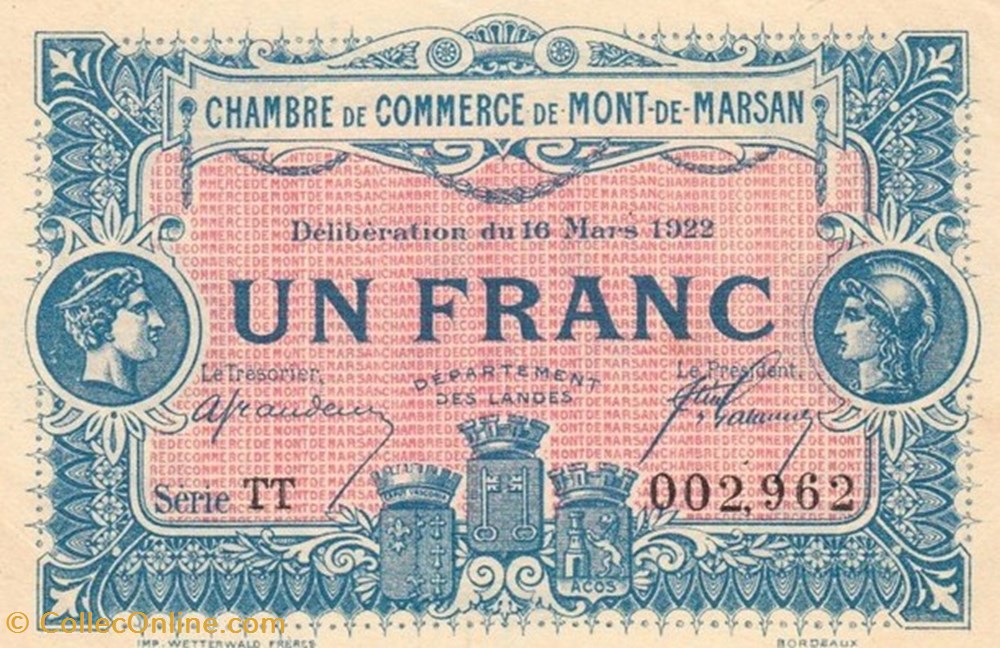 G2 1Fr Chambre de Commerce de Mont de Marsan Délibération du 16 Mars 1922 billets europe france g2 1fr chambre de commerce de mont de marsan deliberation du 16 mars 1922