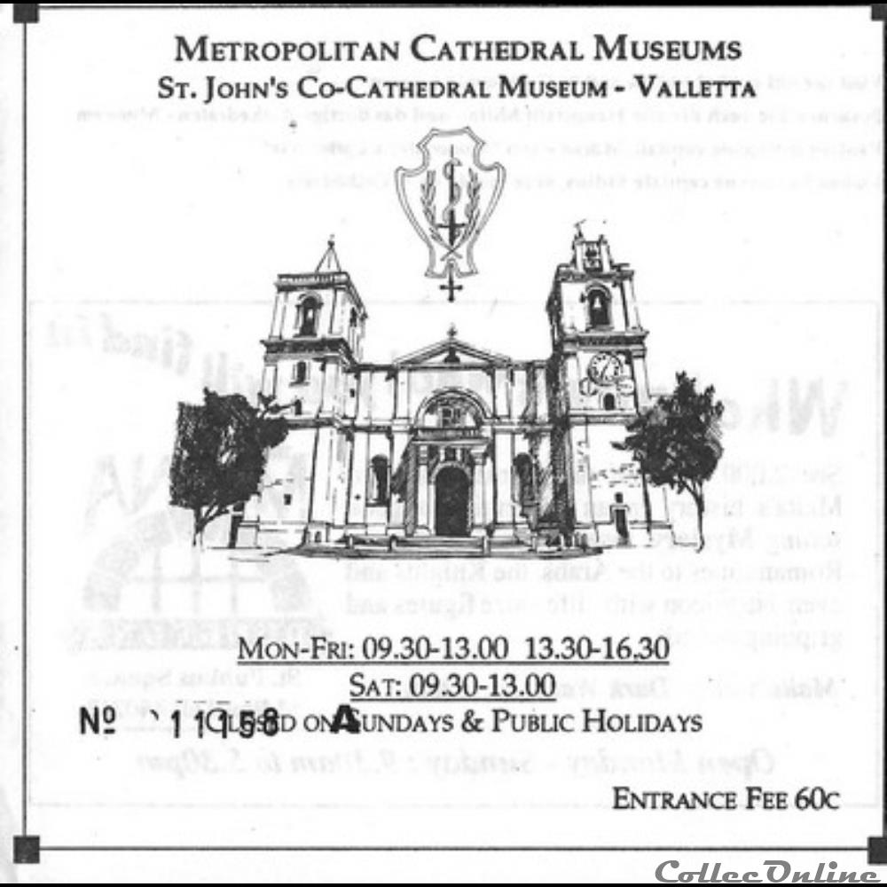 Malte La Valette Musée de la Cathédrale vieux papier ticket entree malte la valette musee de la cathedrale