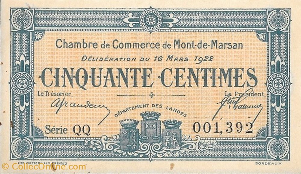 G11 50C. Chambre de Commerce de Mont de Marsan Délibération du 16 Mars 1922 billets europe france g11 50c chambre de commerce de mont de marsan deliberation du 16 mars 1922