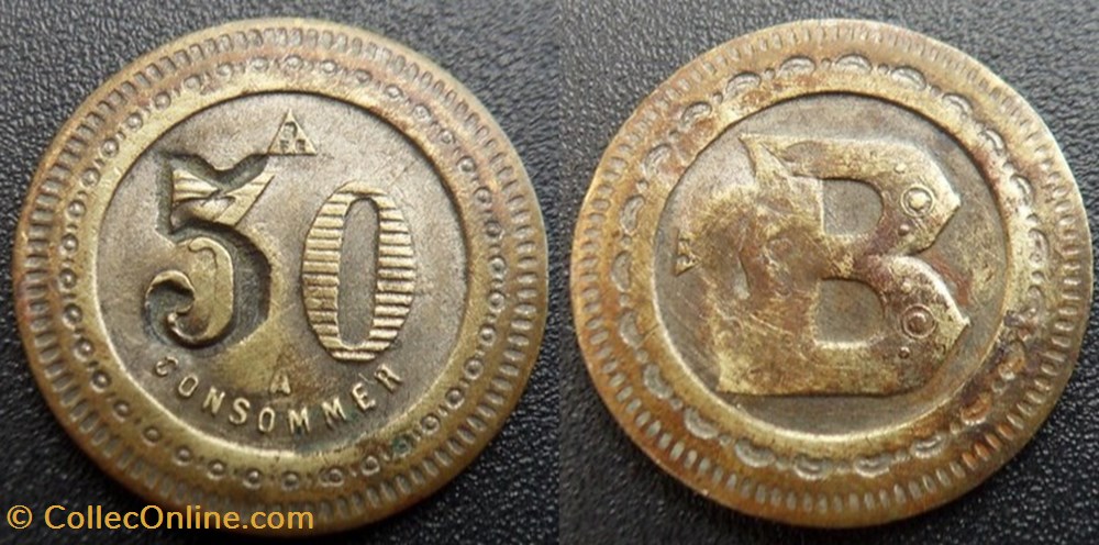 f- Jeton à consommer 50 C. à Consommer (5 regravé sur le 3) monnaies paranumismatique jetons poids f jeton a consommer 50 c a consommer 5 regrave sur le 3