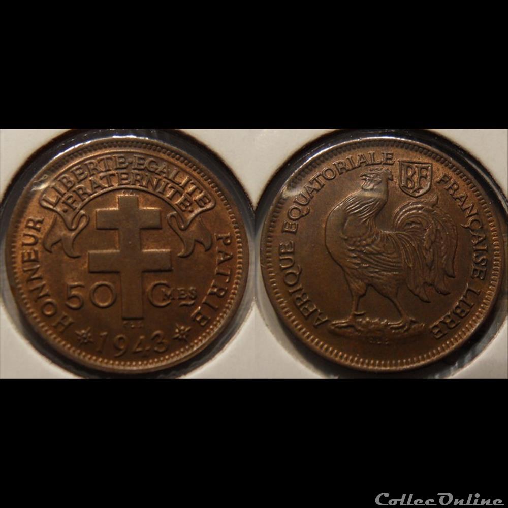 Afrique Equatoriale Française - Libre 50 Centimes 1943 monnaie france colony afrique equatoriale francaise libre 50 centimes 1943