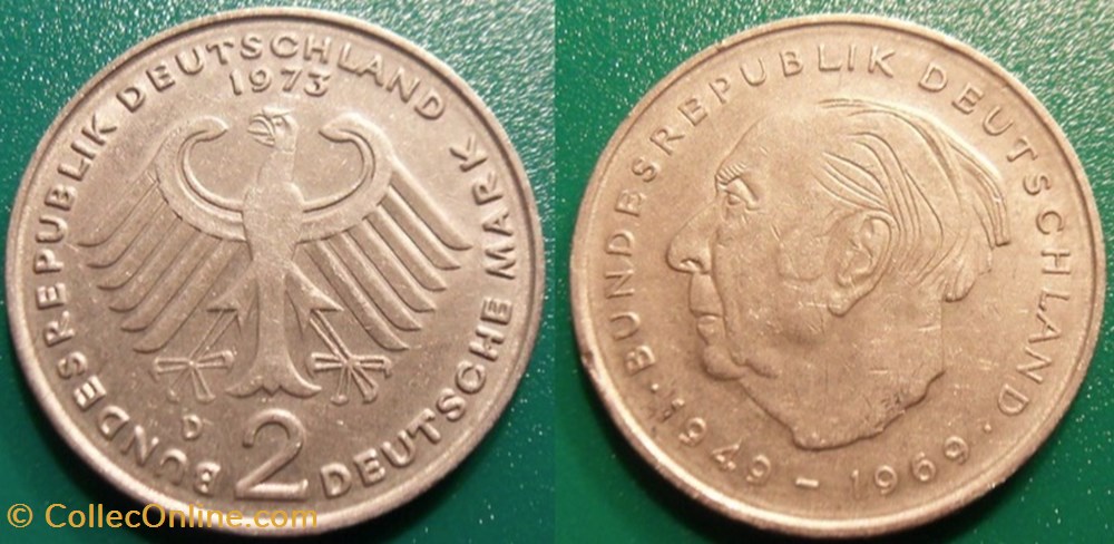 2 Deutsche Mark 1973 Theodor Heuss monnaie monde allemagne 2 deutsche mark 1973 theodor heuss