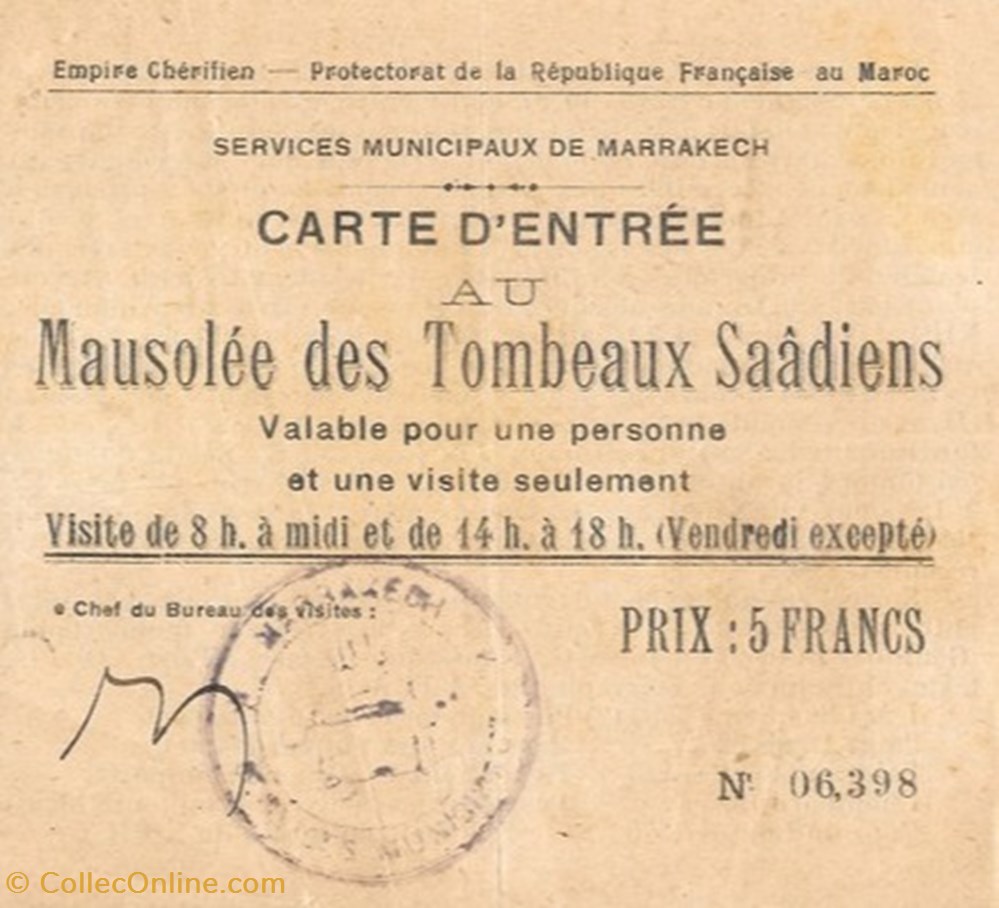 Maroc- Marrakech - Carte d'entrée au Mausolée des Tombeaux Saâdiens documents anciens tickets maroc marrakech carte entree au mausolee des tombeaux saadiens