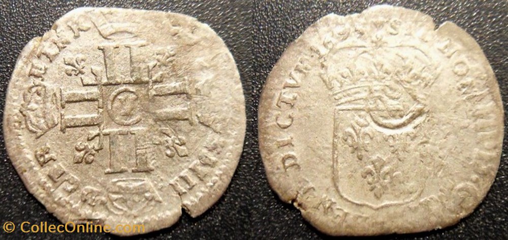 H1 Louis XIV Quinzain aux 8 L contremarqué d'une fleur de lys 1695 Y Bourges monnaies europe medievale france royales h1 louis xiv quinzain aux 8 l contremarque une fleur de lys 1695 y bourges