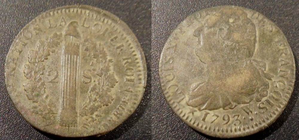 A-Constitution 2 Sols type FRANCOIS 1793 W sur un point Arras monnaies monde france a constitution 2 sols type francois 1793 w sur un point arras