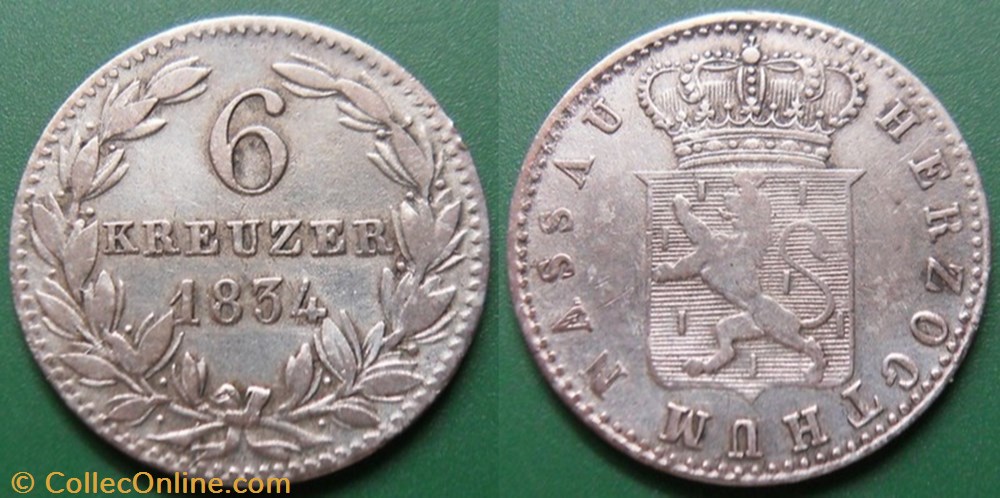Germany Nassau Herzogthum 6 Kreuzer 1834 monnaie monde allemagne germany nassau herzogthum 6 kreuzer 1834