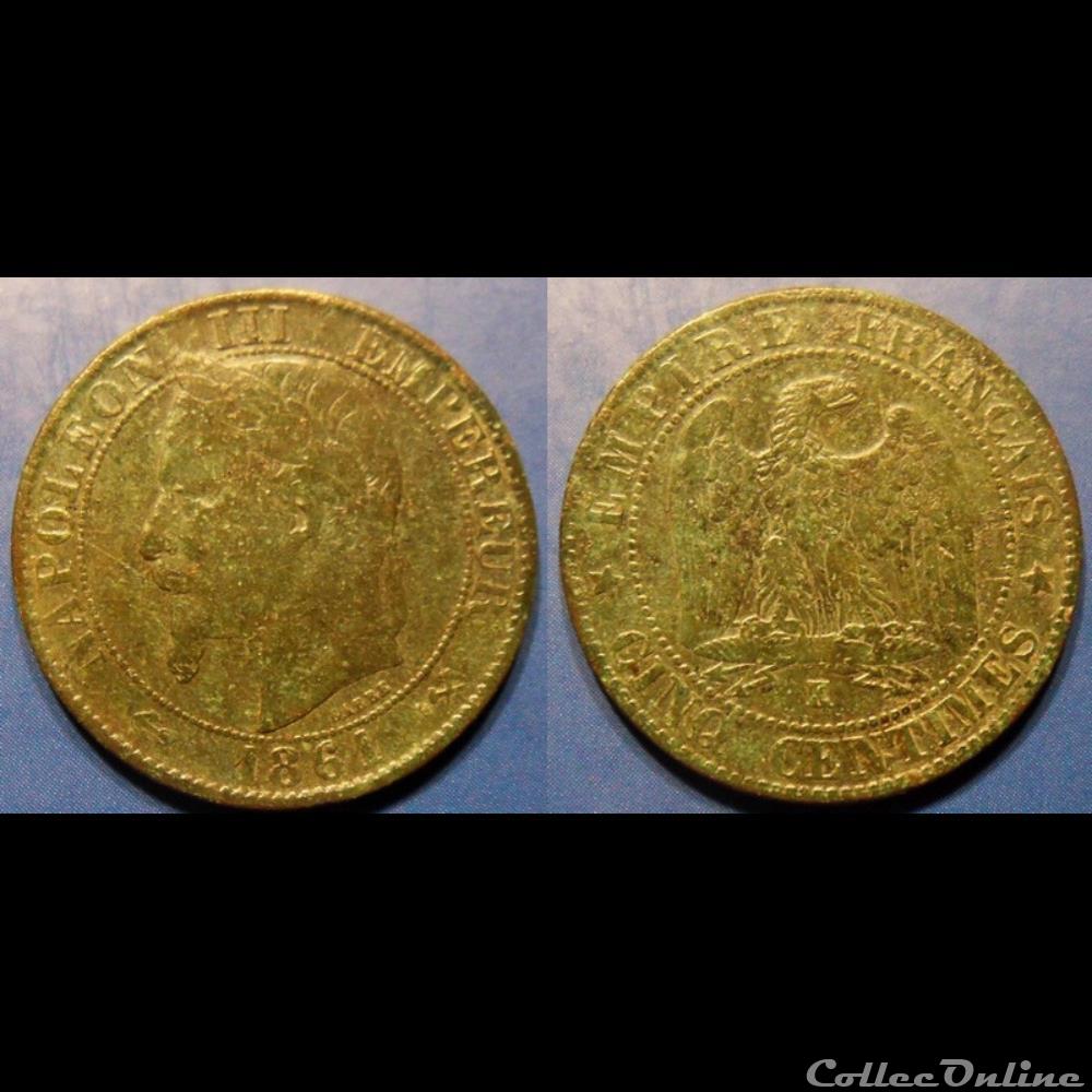 N-Napoleon III Empereur Cinq centimes lauré 1861 K monnaies france modernes n napoleon iii empereur cinq centimes laure 1861 k