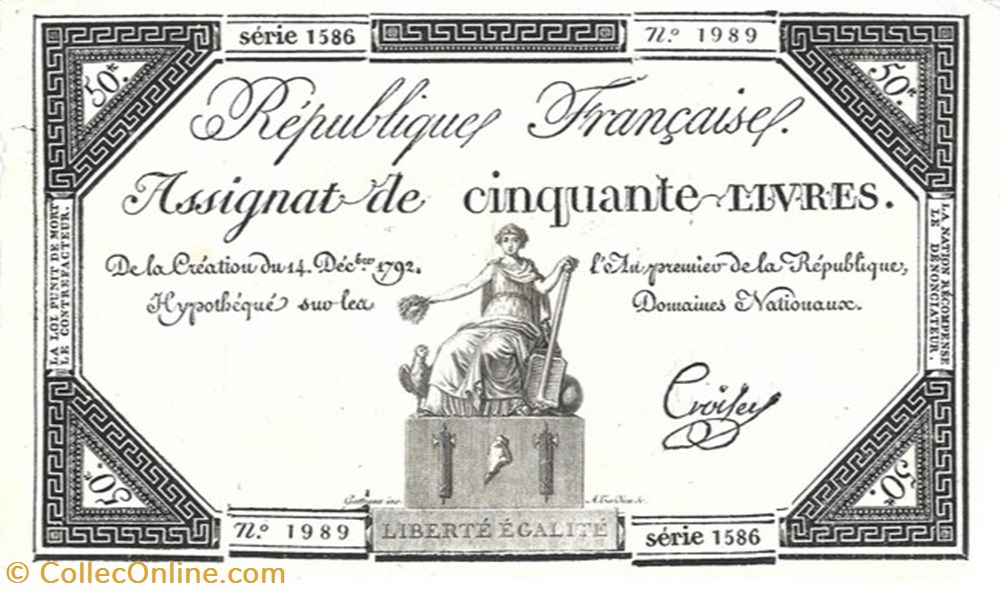 billets europe france assignat de cinquante livres filigrane republicain croisey