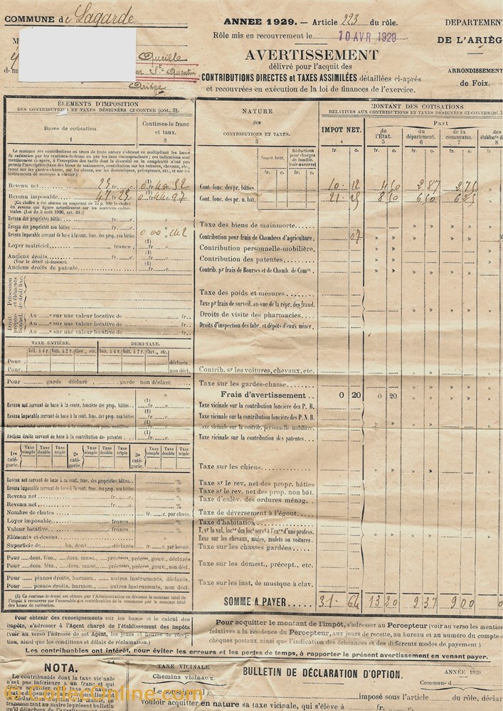 Impôts Facture 1929 Lagarde (Ariège) vieux papier affich impots facture 1929 lagarde ariege