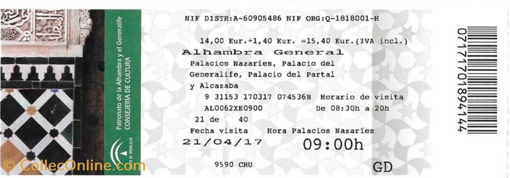 documents anciens tickets entree espagne grenade alhambra