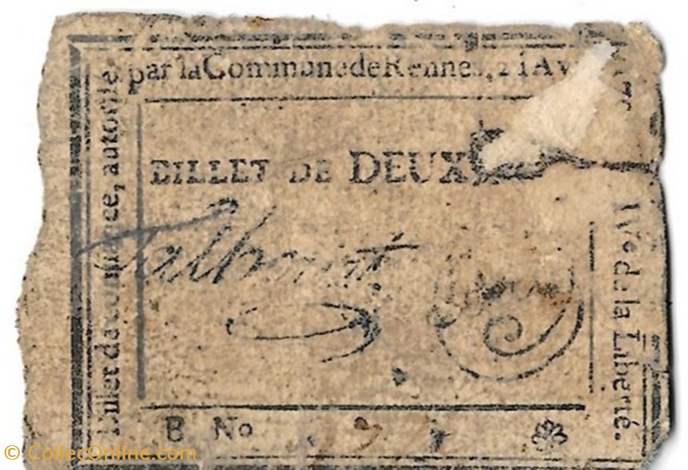 Assignat - Billet de confiance de Deux Sols par la Commune de Rennes billets europe france assignat billet de confiance de deux sols par la commune de rennes