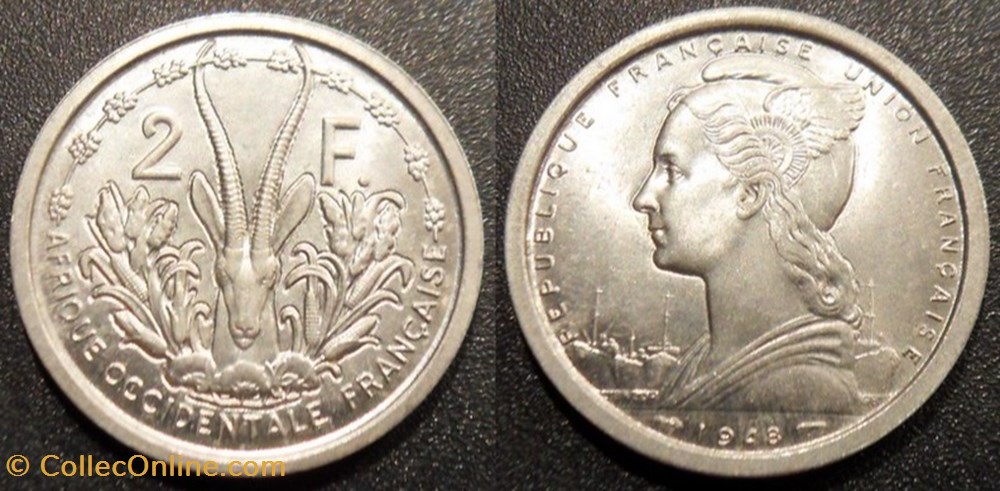 Afrique Occidentale Française-Union Française 2 francs 1948 monnaies colonies francaises afrique occidentale francaise union francaise 2 francs 1948
