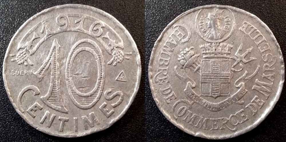 p- MN Marseille 10 C. 1916 Al Elie:10.2C monnaies paranumismatique jetons poids p mn marseille 10 c 1916 al elie 10 2c