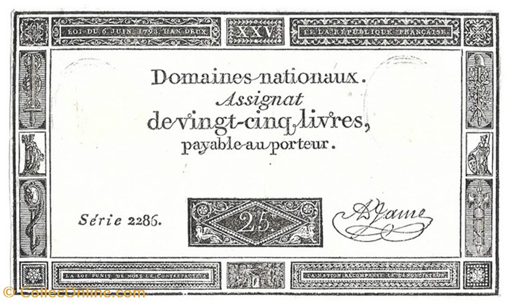 Assignat de vingt-cinq livres A. JAME billets europe france assignat de vingt cinq livres a jame