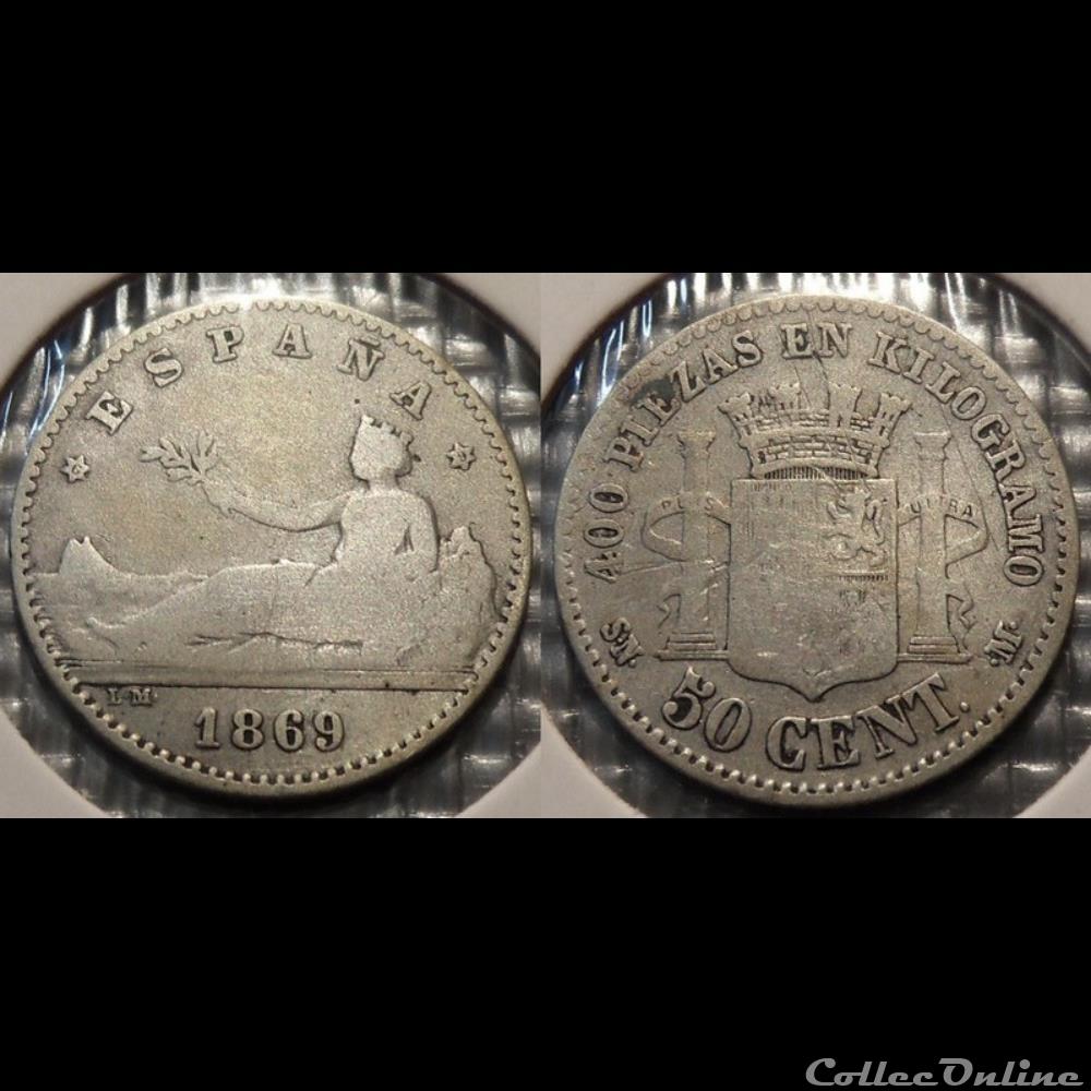 Espagne 50 Centimos 1869 monnaie monde france espagne 50 centimos 1869