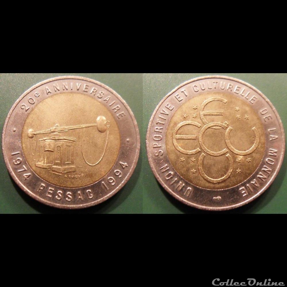 d- Jeton Pessac 2 Ecus 1994 Bimétallique 20ème anniversaire de l'atelier monétaire monnaie mereaux d jeton pessac 2 ecus 1994 bimetallique 20eme anniversaire de atelier monetaire