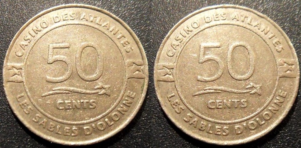 j- Jeton casino Les Sables d'Olonne Casino des Atlantes 50 Cents monnaies paranumismatique jetons poids j jeton casino les sables olonne casino des atlantes 50 cents