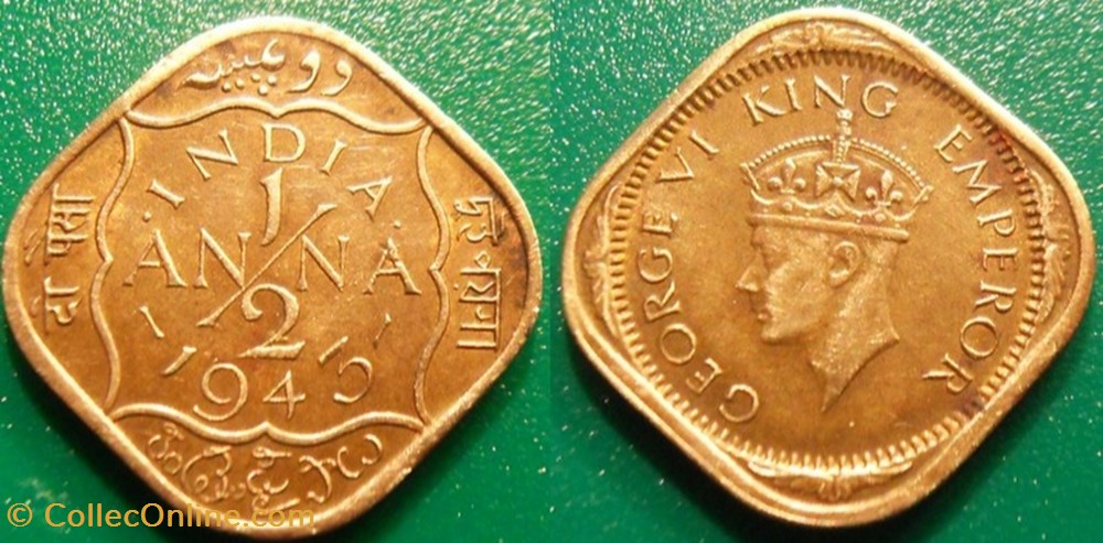 1/2 Anna 1943 monnaie monde inde 1 2 anna 1943