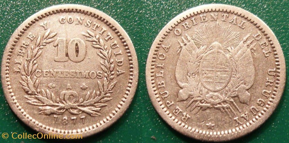 Uruguay 10 Centesimos 1877 monnaie monde uruguay 10 centesimos 1877