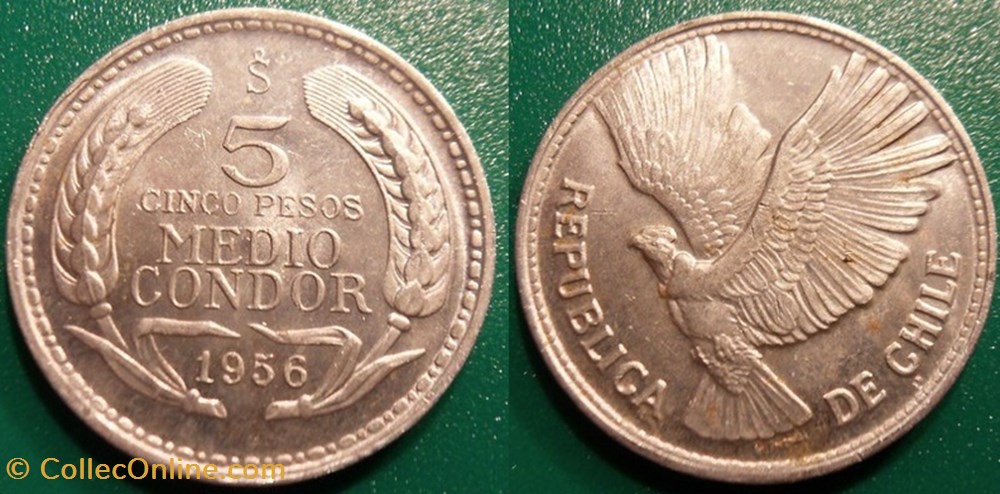 5 Pesos ou 1/2 Condor 1956 monnaie monde chili 5 pesos ou 1 2 condor 1956