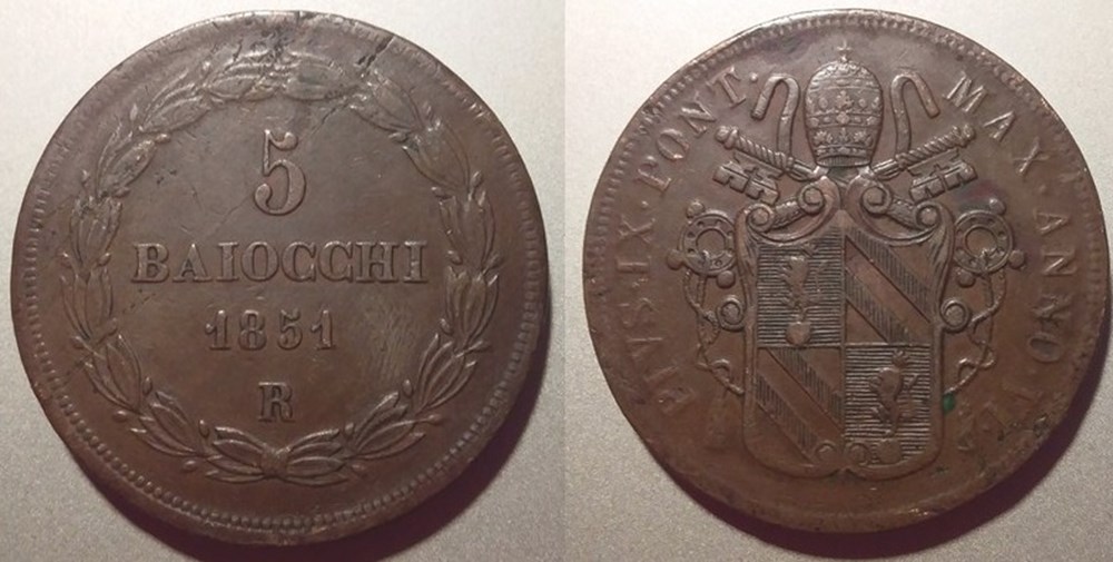 Vatican 5 Baiocchi 1851 R monnaies monde vatican 5 baiocchi 1851 r