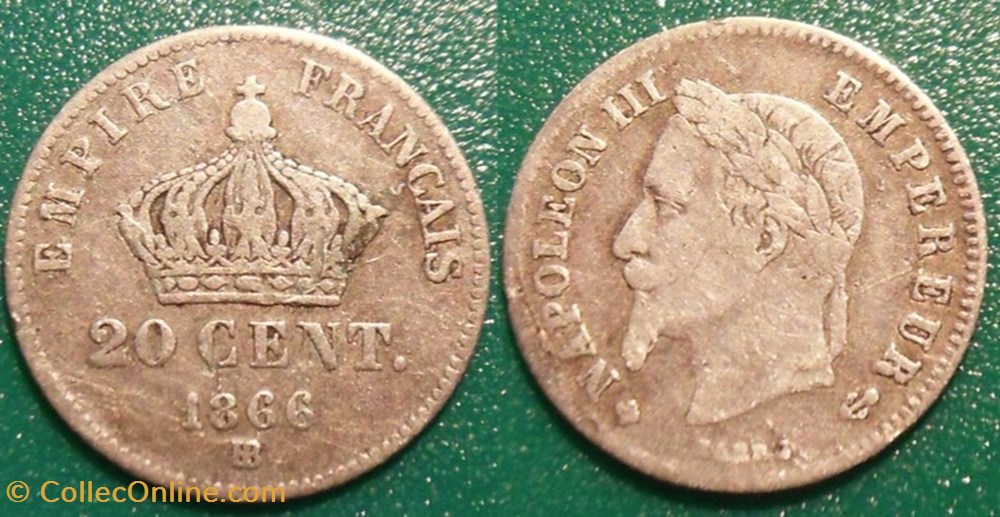 N-Napoleon III Empereur 20 centimes lauré petit modèle 1866 BB monnaies france modernes n napoleon iii empereur 20 centimes laure petit modele 1866 bb