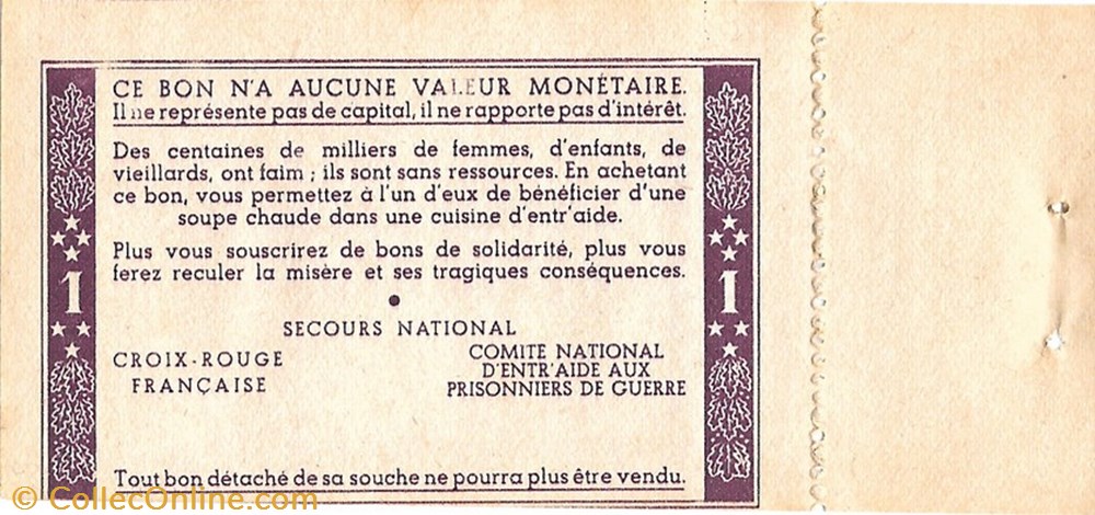 a0- Bon de solidarité 1 FRANC Pétain monnaie jeton mereaux a0 bon de solidarite 1 franc petain